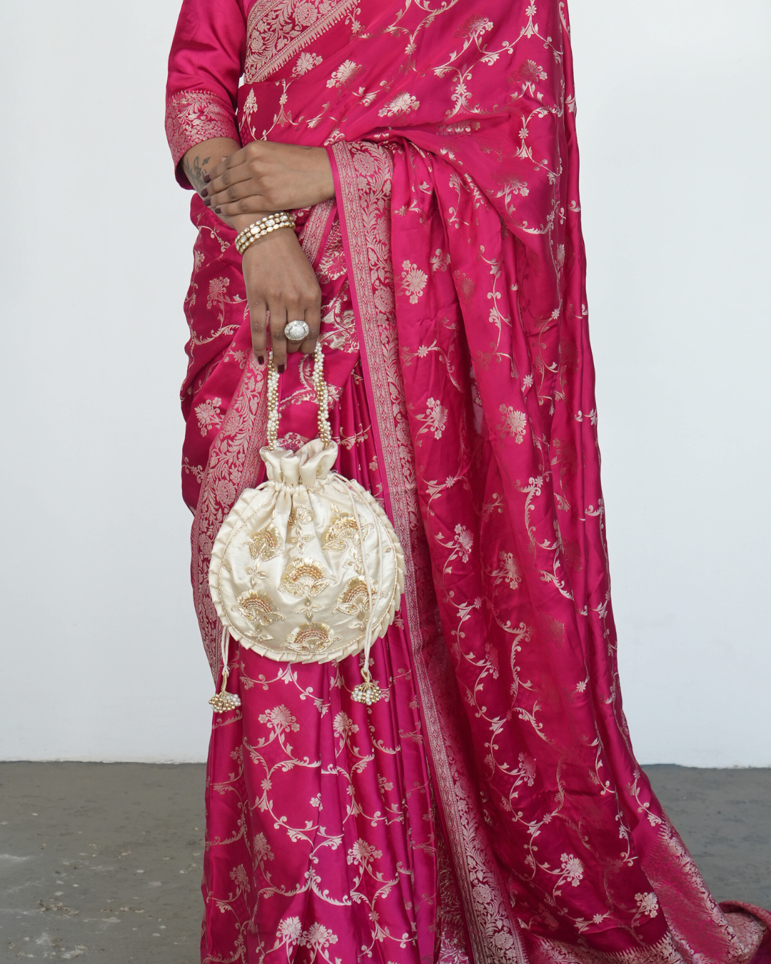 Beige Silk Embroidered Women Potli Bag