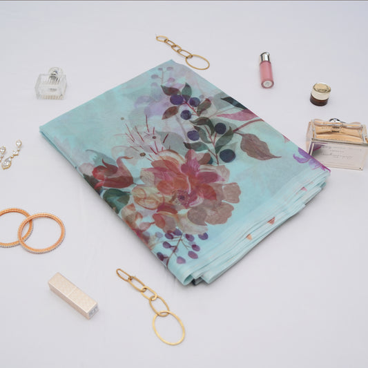 Aqua Blossom Organza Saree