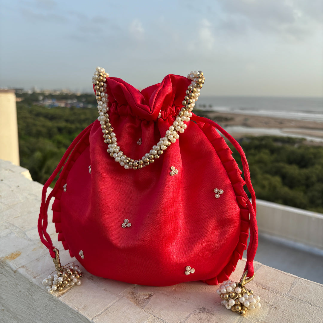 Bridal Red Silk Embroidered Potli Bag (With Handle)