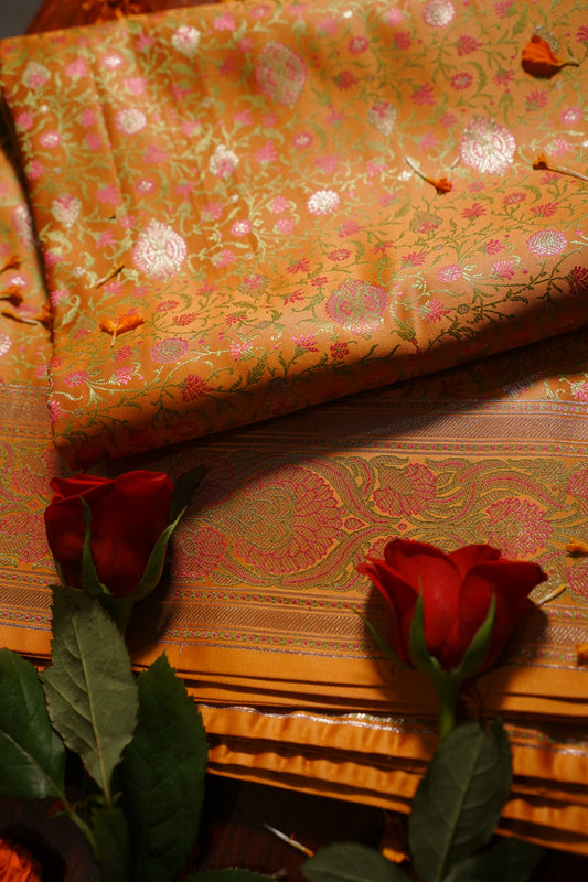 Deep yellow Soft Satin Silk Tanchoi Jamawar Banarasi Handloom Saree