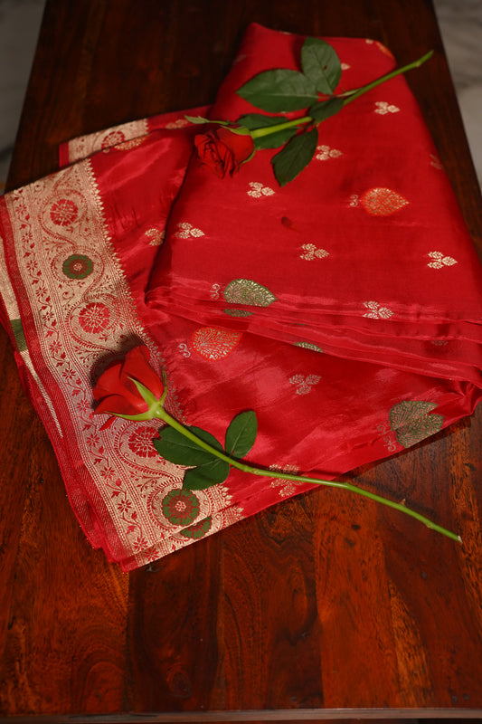 Cherry Red Banarasi Moonga Tissue Saree