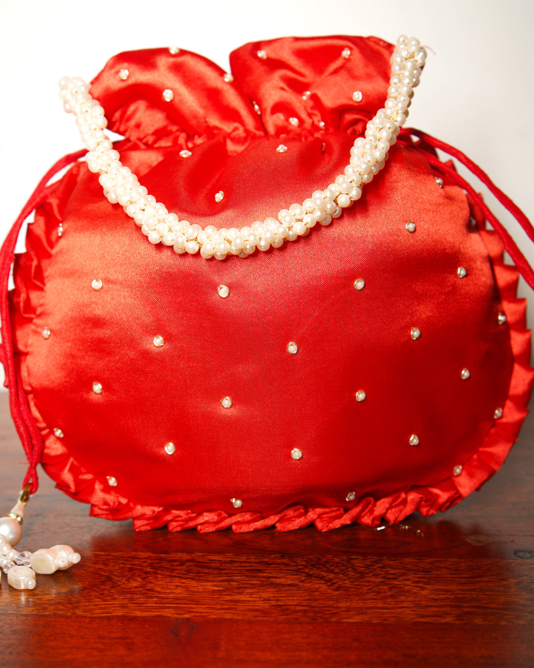 Crisp Red Silk Embroidered Potli Bag (With Handle)