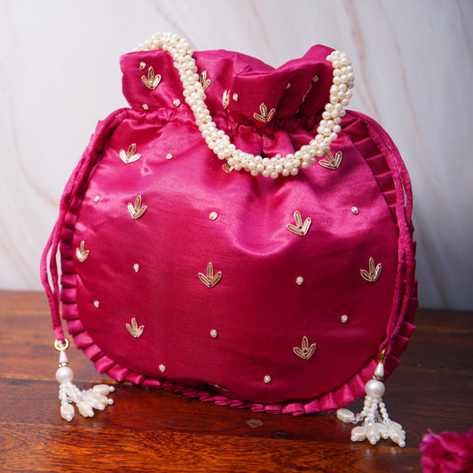 Gulabi Garnet Silk Embroidered Potli Bag (With Handle)