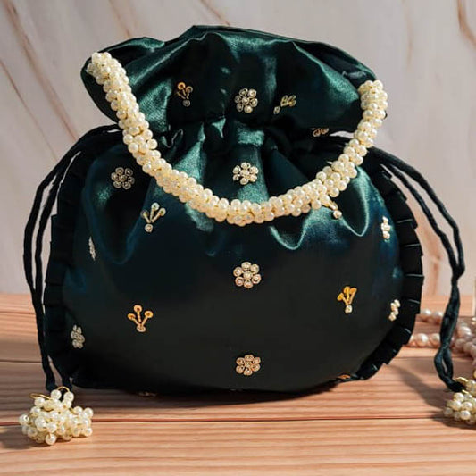 Emerald Green Silk Embroidered Women Potli Bag
