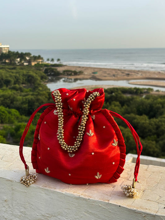 Sparkle Red Silk Embroidered Potli Bag (With Handle)