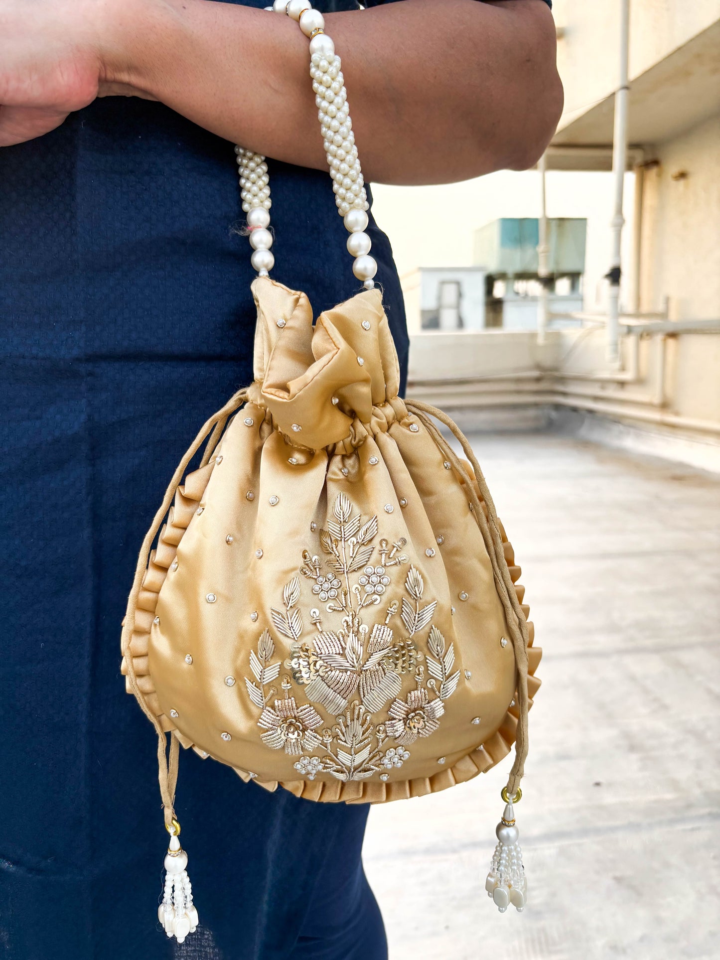 Beige Silk Embroidered Potli Bag (With Handle)