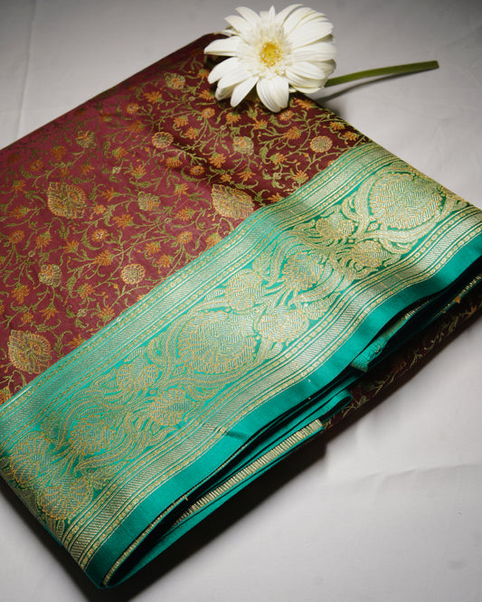 Maroon Soft Satin Silk Tanchoi Jamawar Banarasi Handloom Saree