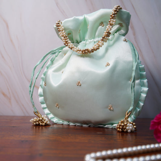 Iced blue Silk Embroidered Potli Bag (With Handle)