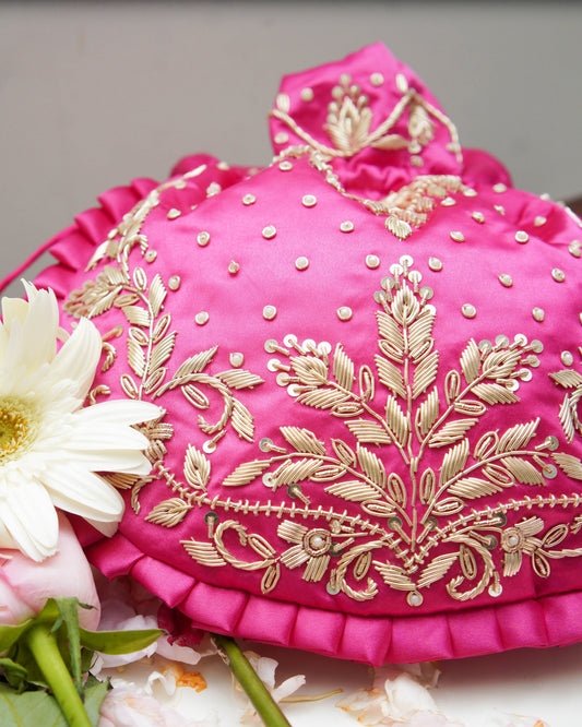 Onion Purple Silk Embroidered Potli Bag (With Handle)