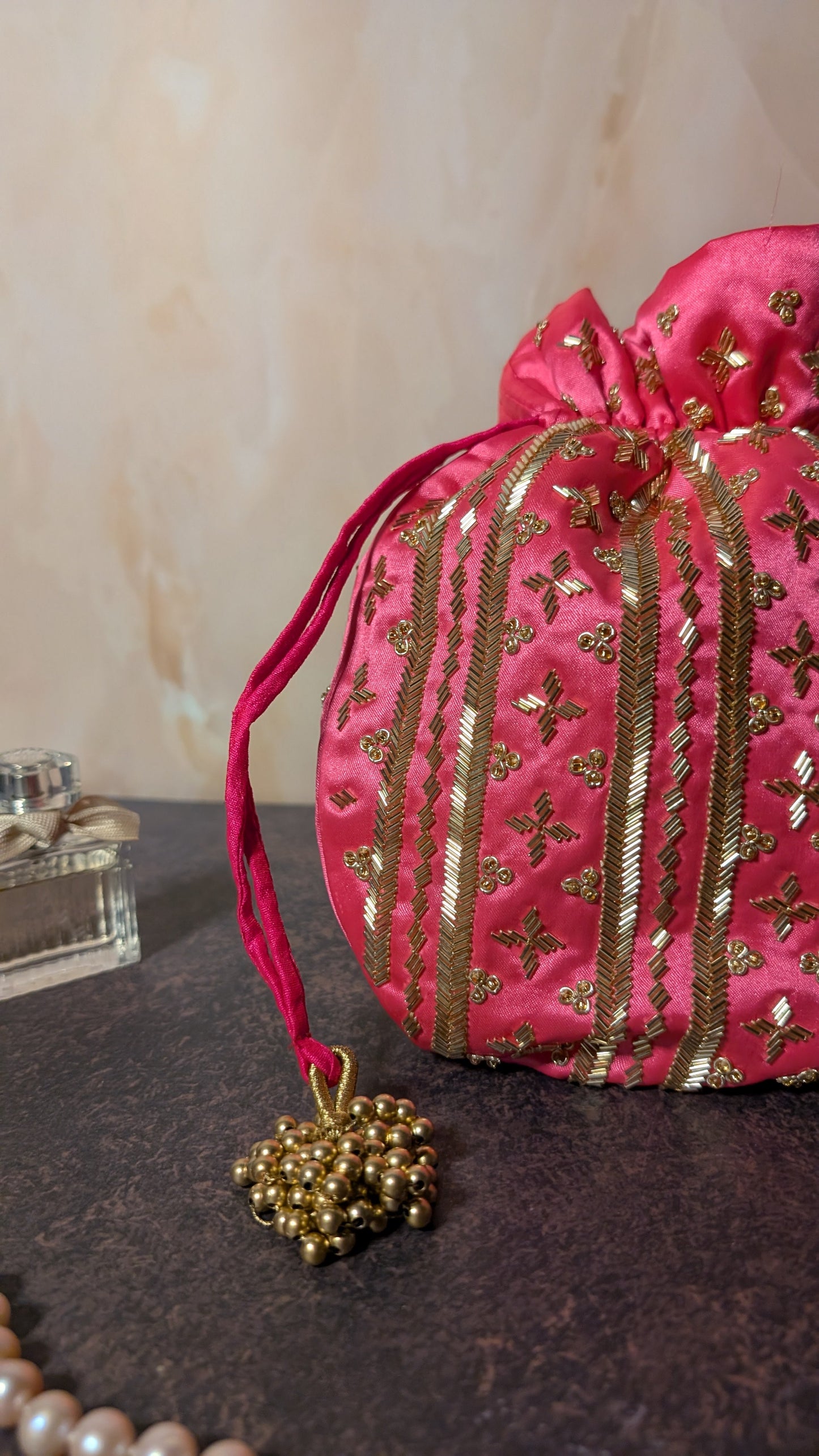 Dark Pink Silk Embroidered Women Potli Bag