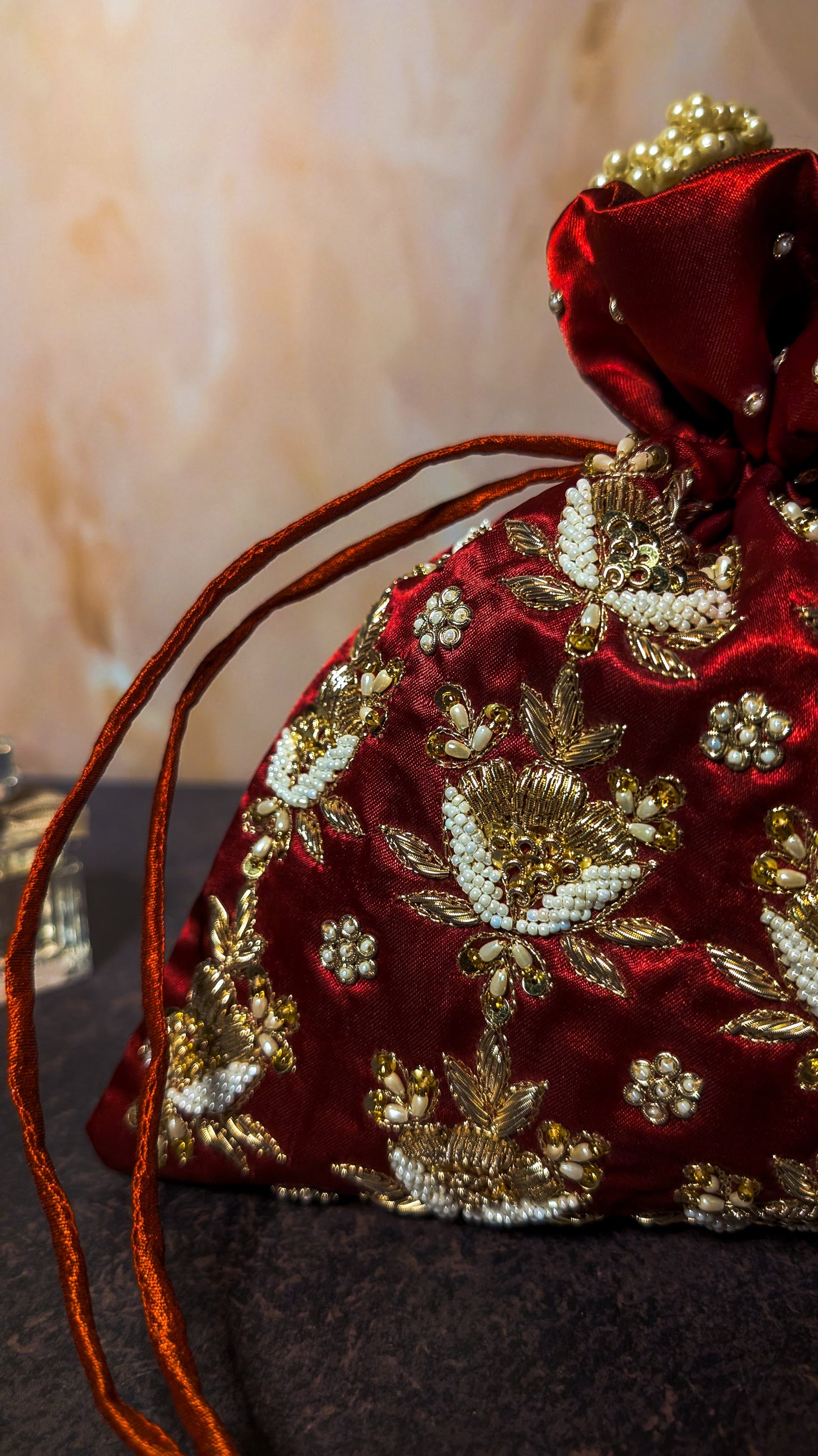 Maroon Silk Hand Embroidered Women Potli Bag