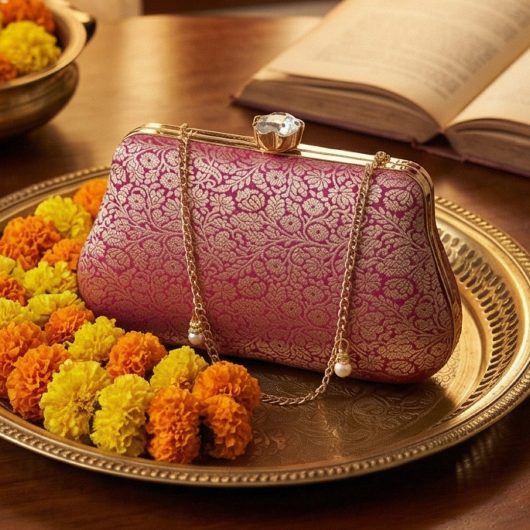 Purple Pure Banarasi Brocade 2-in-1 Clutch & Sling Bag with Diamond Top