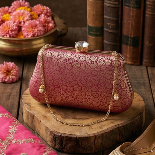 Purple Pure Banarasi Brocade 2-in-1 Clutch & Sling Bag with Diamond Top