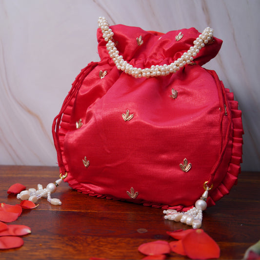 Temple Red Silk Embroidered Potli Bag (With Handle)