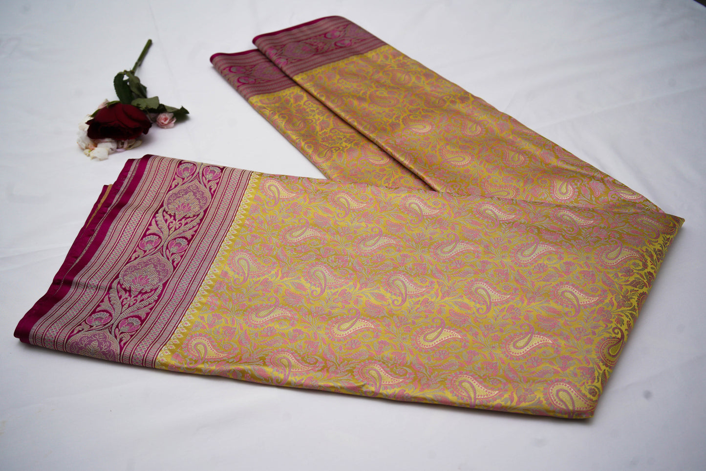 Pink Yellow Soft Tanchoi Jamawar Banarasi Handloom Saree