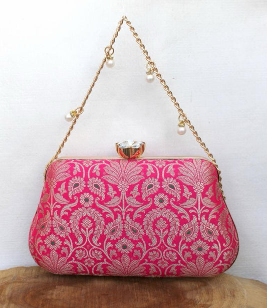 Floral Pink Pure Banarasi Brocade Clutch with Diamond Top