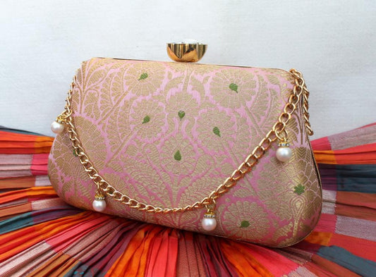 Velvet Rose Pure Banarasi Brocade Clutch with Diamond Top