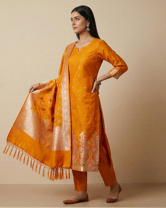 Exclusive Banarasi Katan Silk Zari Weaving 3-Piece Unstitched Salwar Suit (mustard)