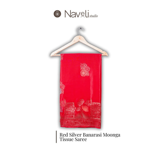 Red Silver Banarasi Moonga Tissue Saree