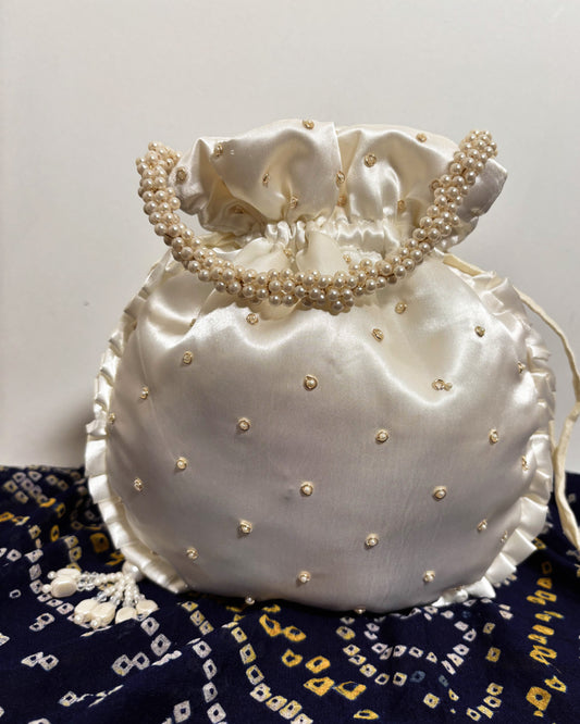 Silken White Silk Embroidered Potli Bag (With Handle)