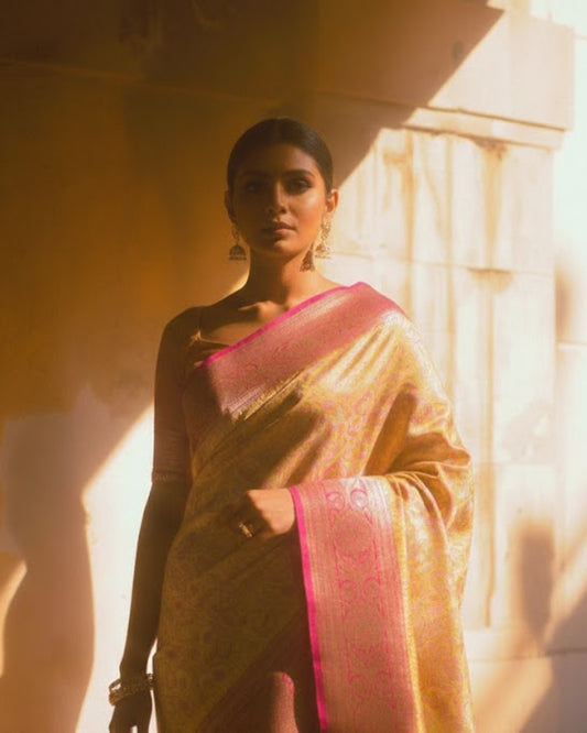 Pink Yellow Soft Tanchoi Jamawar Banarasi Handloom Saree