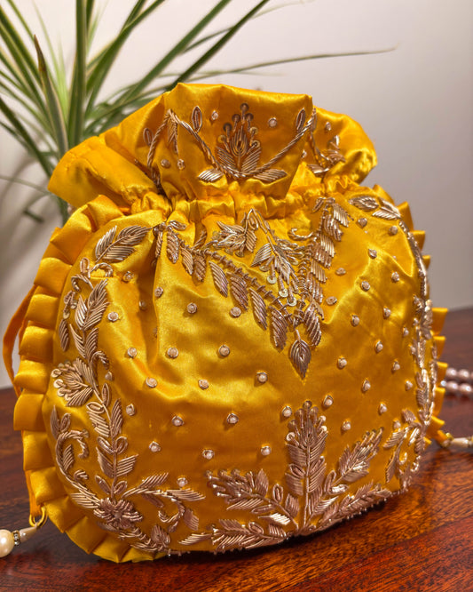 Sunlit Yellow Silk Embroidered Potli Bag (With Handle)