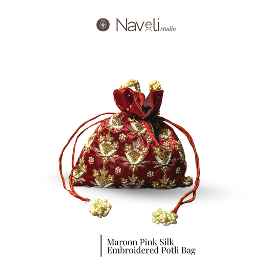 Maroon Silk Hand Embroidered Women Potli Bag