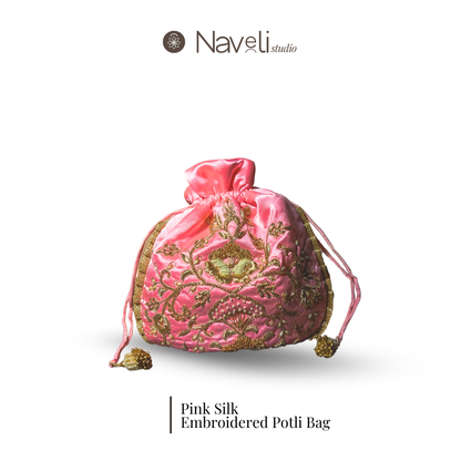 Pink Silk Embroidered Women Potli Bag