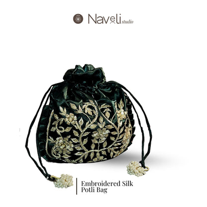 Olive Luxe Silk Embroidered Women Potli Bag