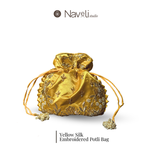 Yellow Silk Embroidered Women Potli Bag