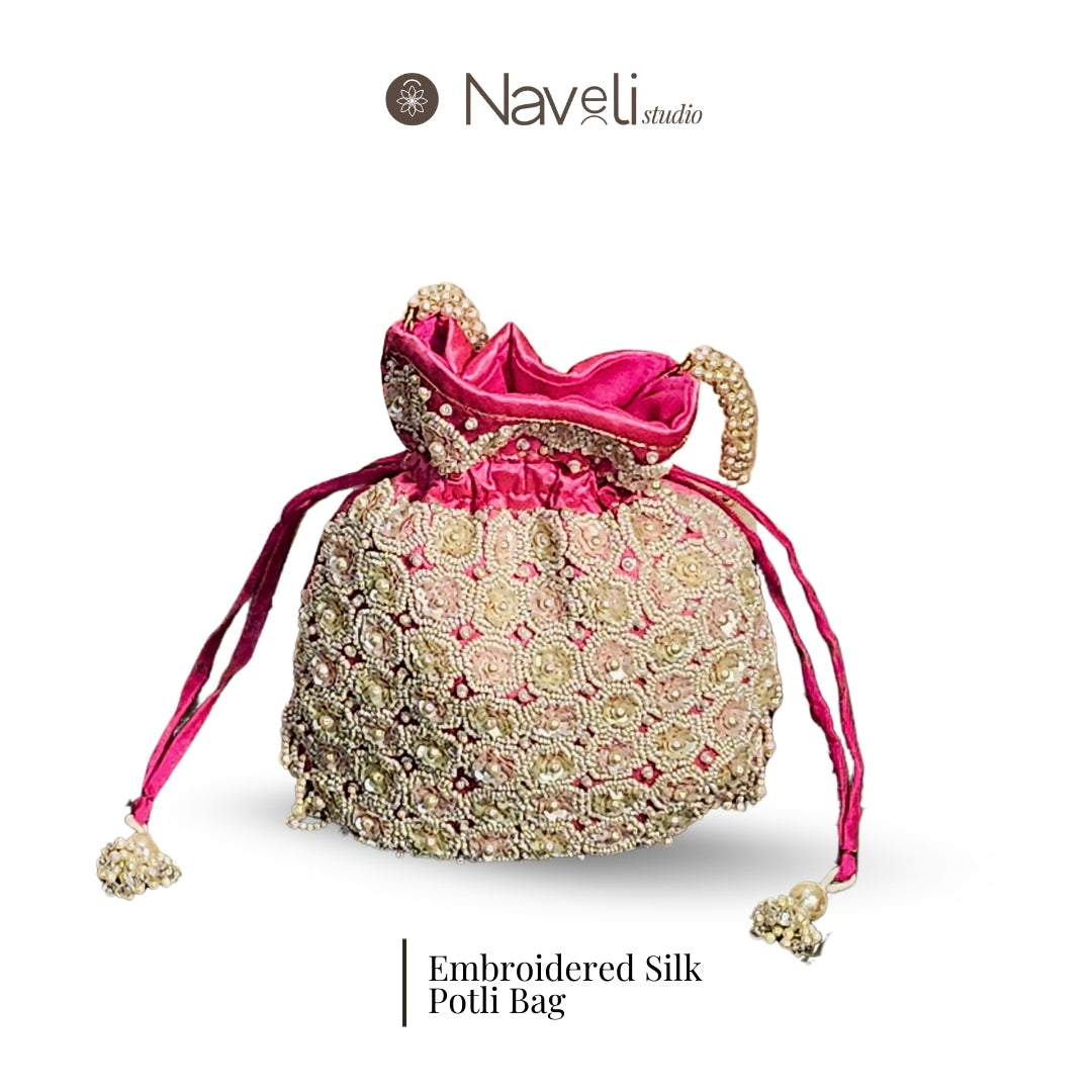 White - Pink Silk Embroidered Women Potli Bag (With Handle)