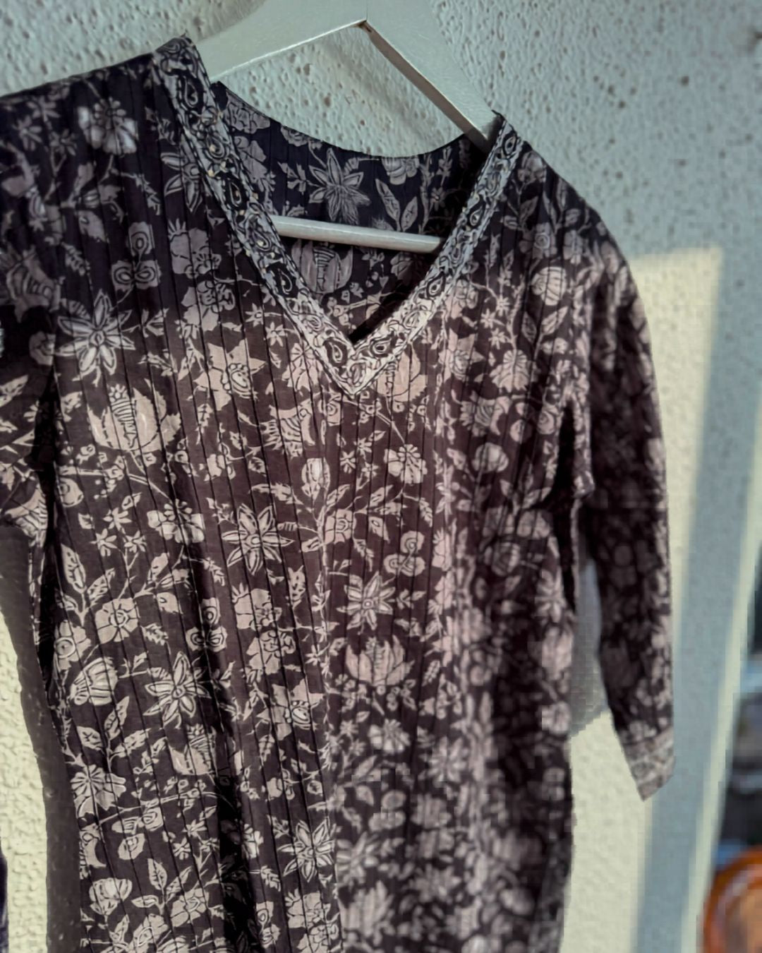 Black Noir Floral Block Print pintuck Cotton Kurti