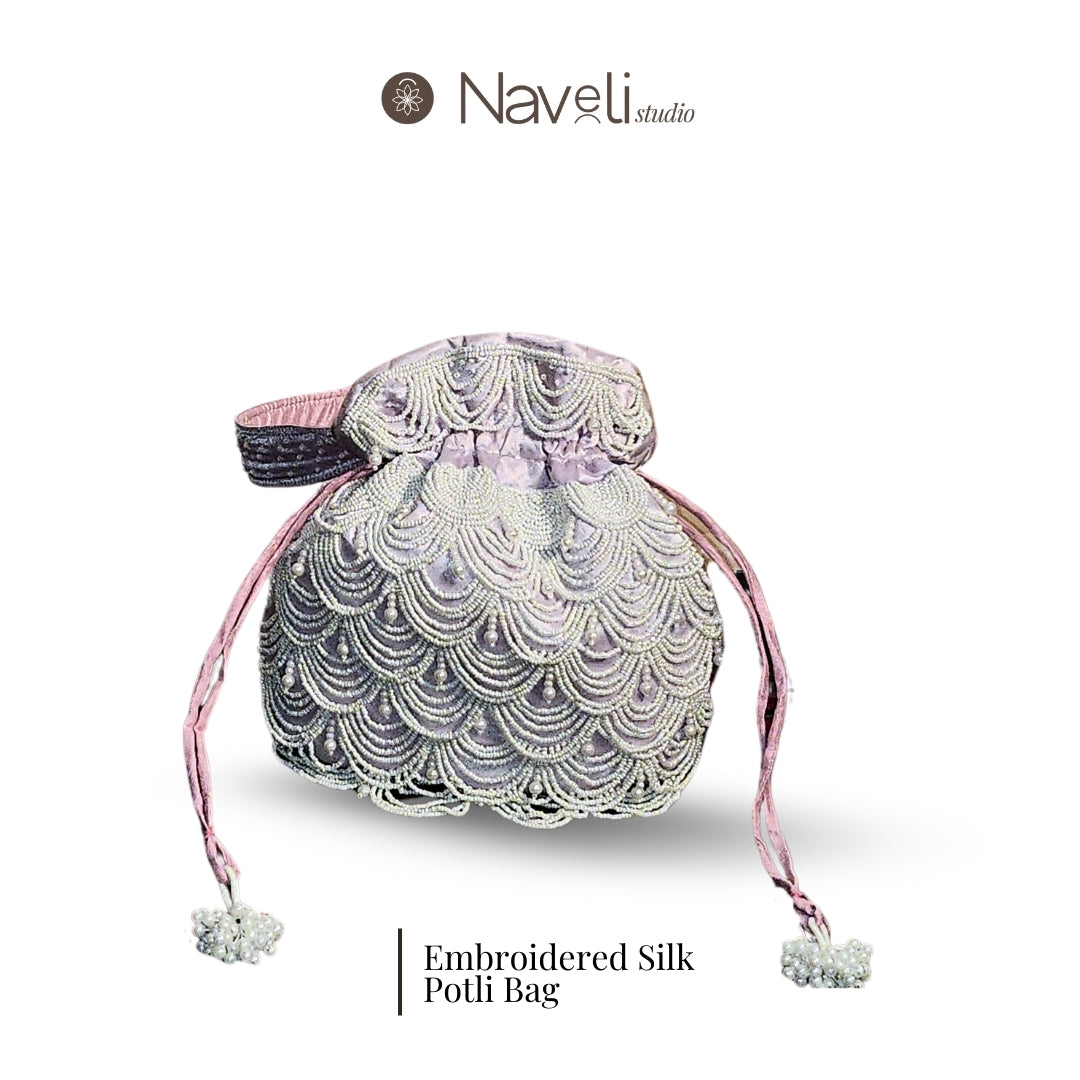 Lavender pearl silk Embroidered Women Potli Bag (With Handle)