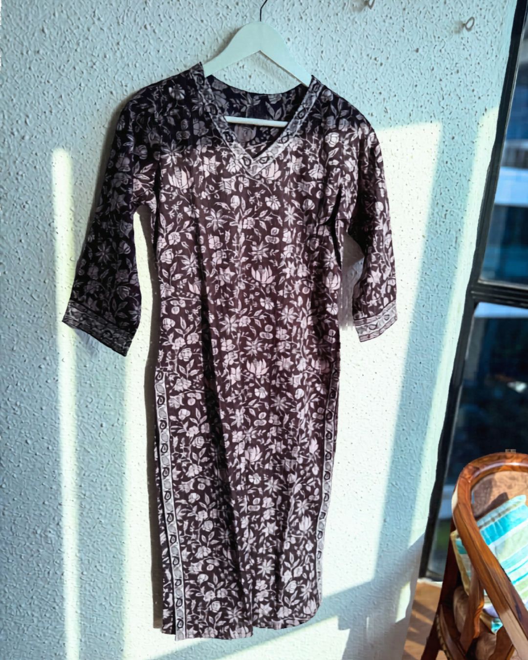 Black Noir Floral Block Print pintuck Cotton Kurti