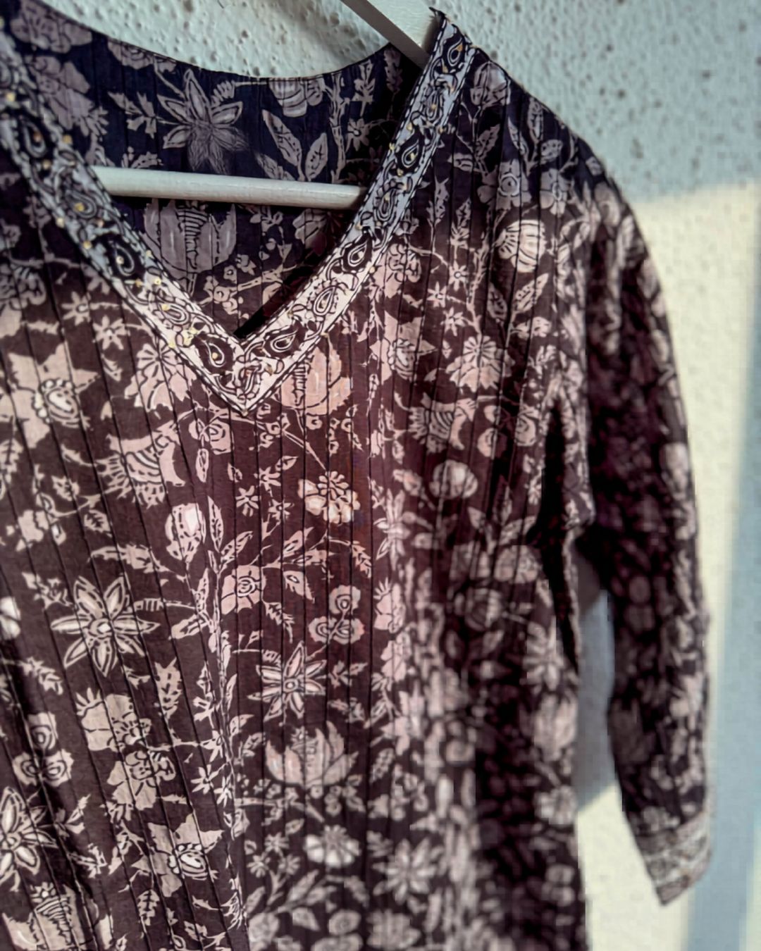 Black Noir Floral Block Print pintuck Cotton Kurti