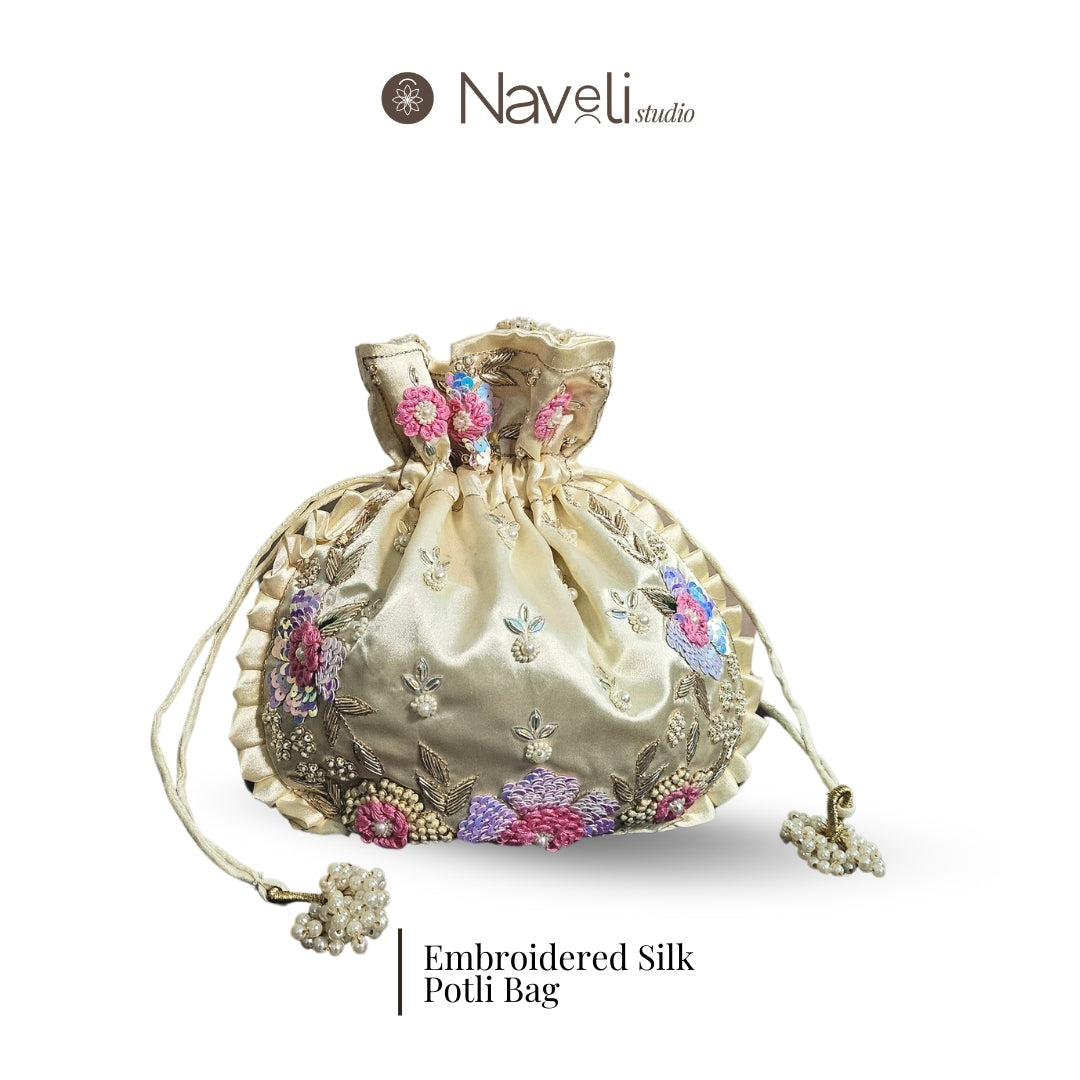 Floral Off-White Silk Embroidered Women Potli Bag