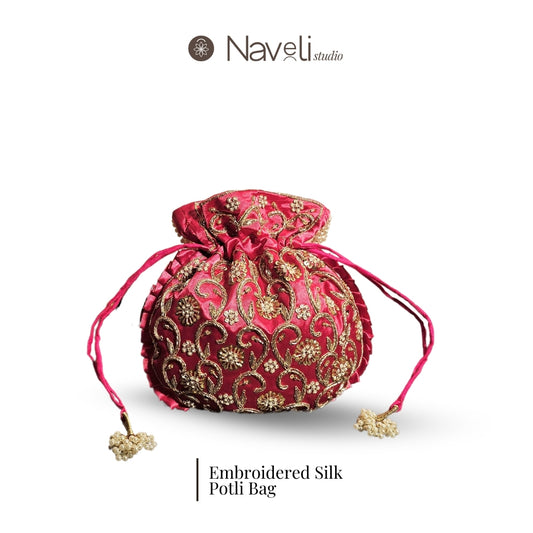 Rosy Pink Silk Embroidered Women Potli Bag