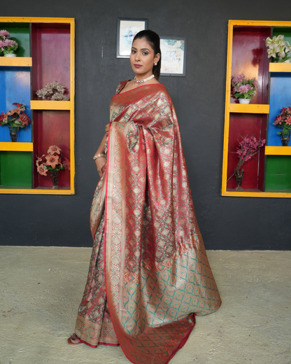 Shiny Red Silk Tanchoi Jamawar Banarasi Handloom Saree