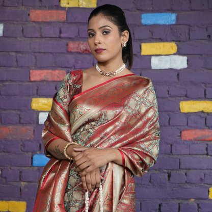 Shiny Red Silk Tanchoi Jamawar Banarasi Handloom Saree