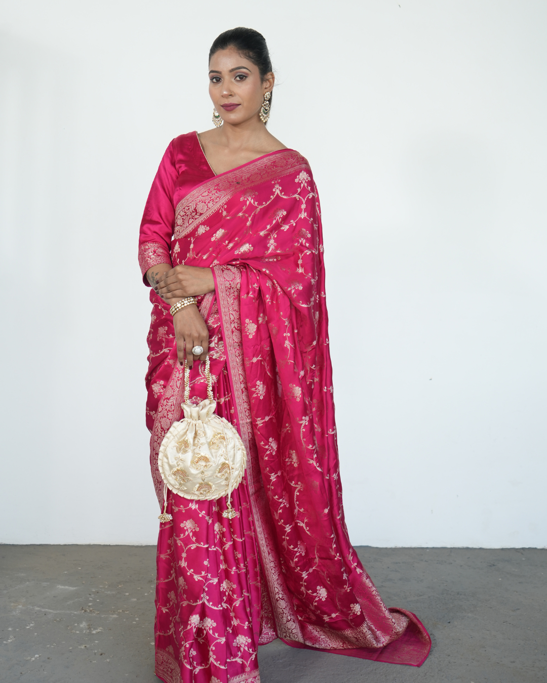 Beige Silk Embroidered Women Potli Bag