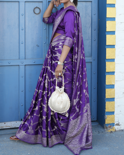 Peacock Off - White Silk Embroidered Women Potli Bag