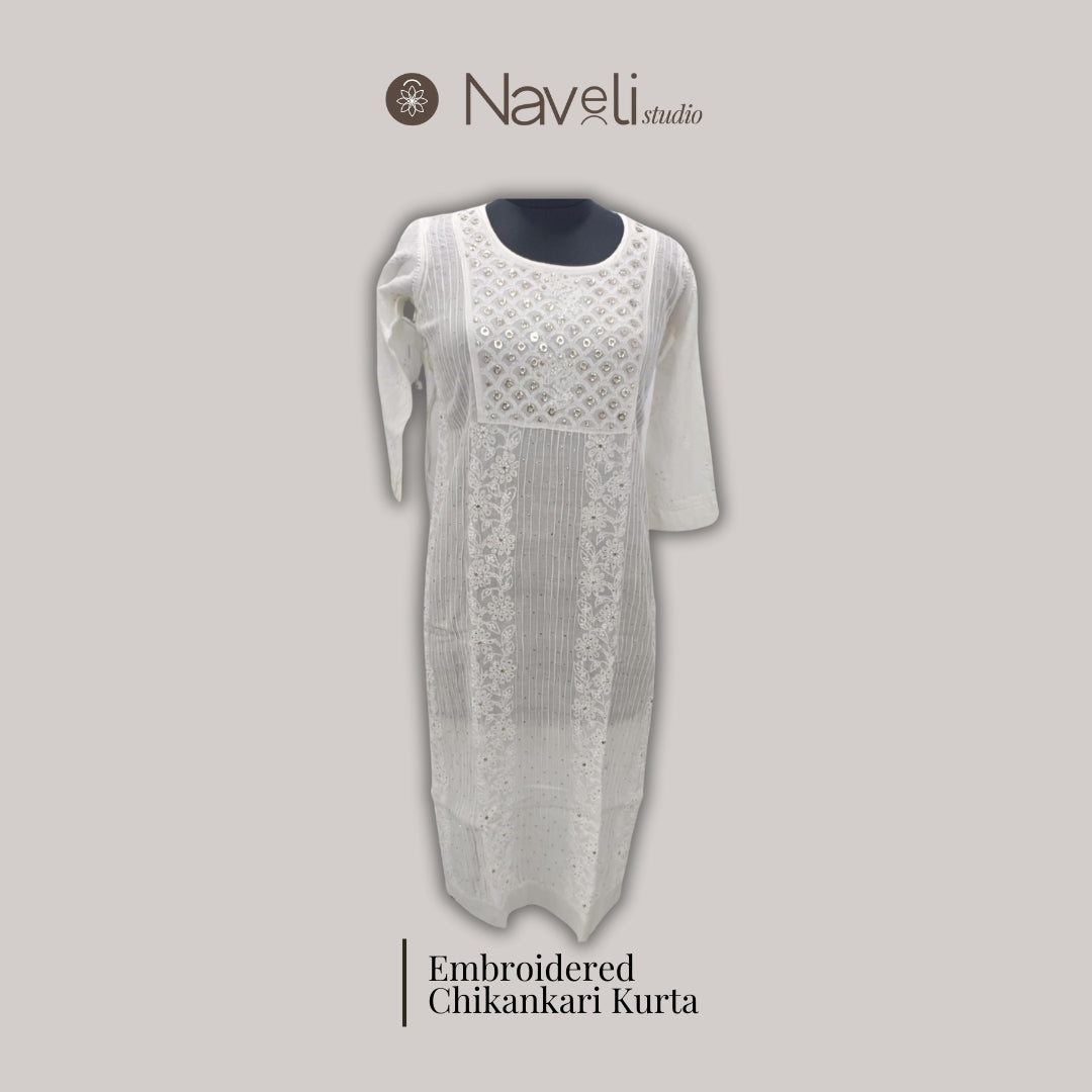 White With Mukesh Work Chanderi Hand Embroidered Chikankari Kurta