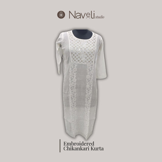 White With Mukesh Work Chanderi Hand Embroidered Chikankari Kurta