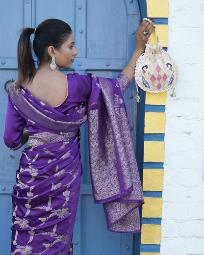 Peacock Off - White Silk Embroidered Women Potli Bag