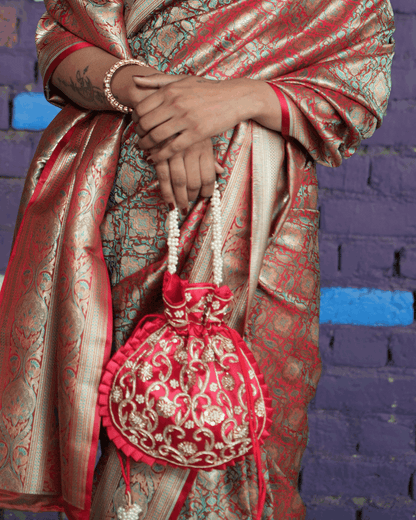 Red Silk Embroidered Women Potli Bag