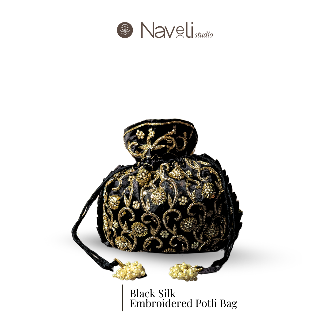 Black Silk Embroidered Women Potli Bag