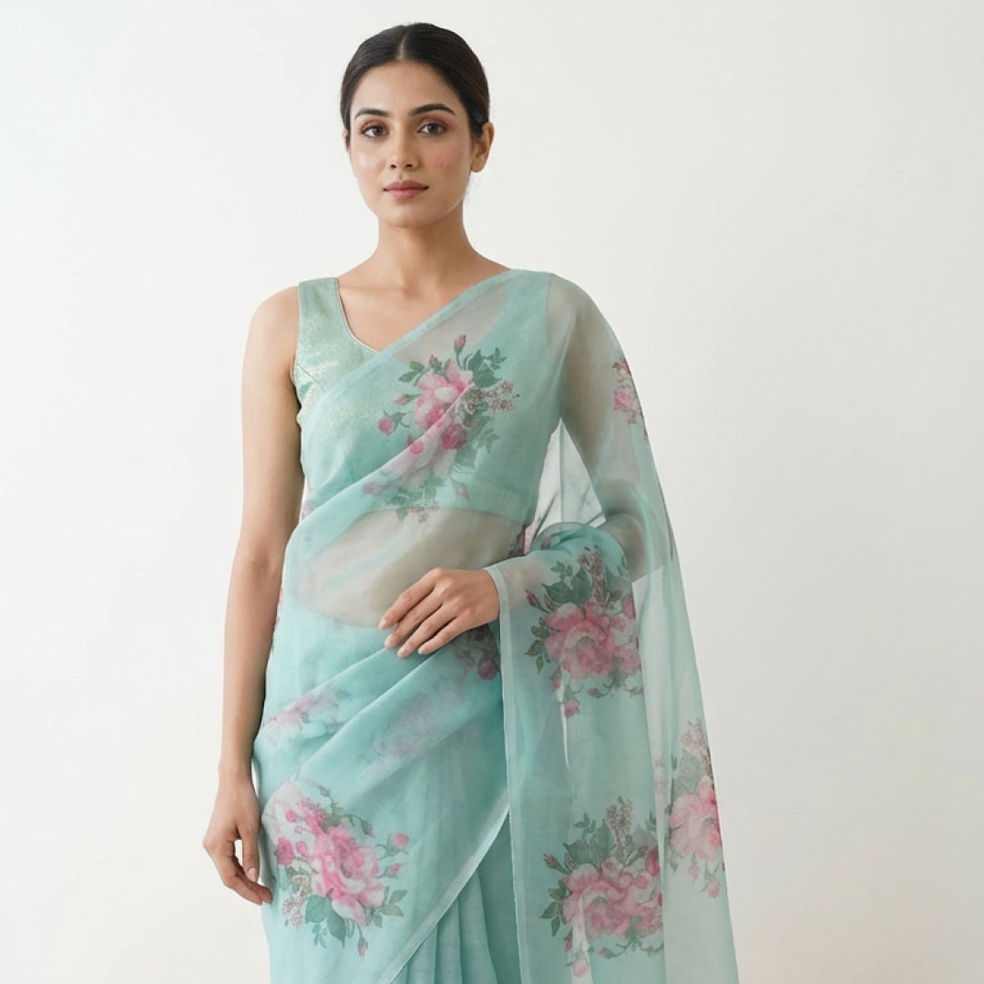 Aqua Blossom Organza Saree