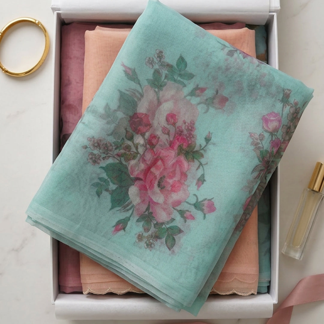 Aqua Blossom Organza Saree