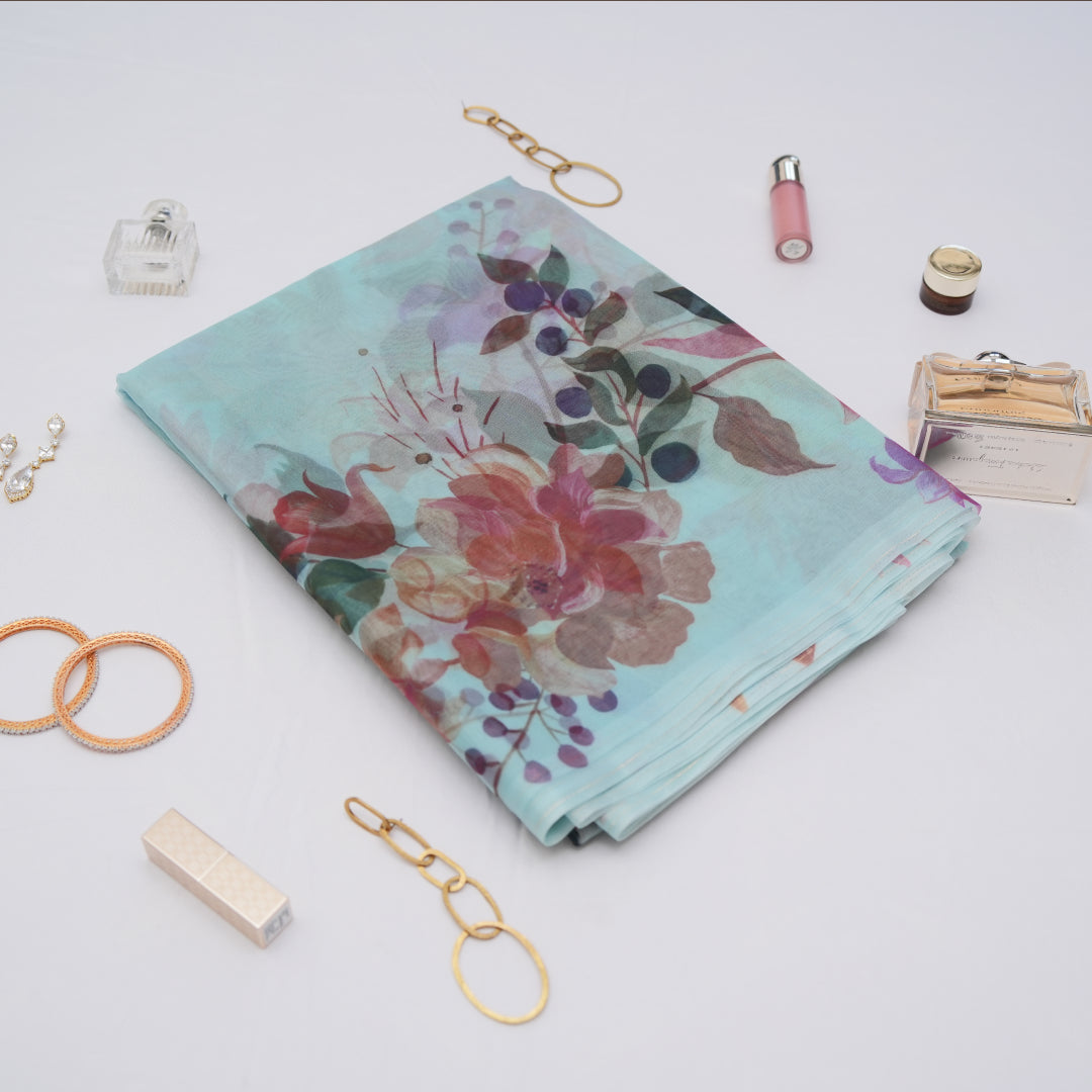 Aqua Blossom Organza Saree