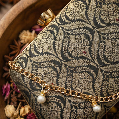 Black Golden Pure Banarasi Brocade 2-in-1 Clutch & Sling Bag with Diamond Top